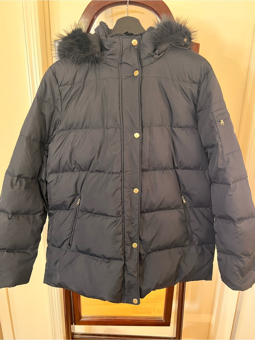 Lauren Ralph Lauren Navy Quilted Puffer Jacket with Faux Fur Trim